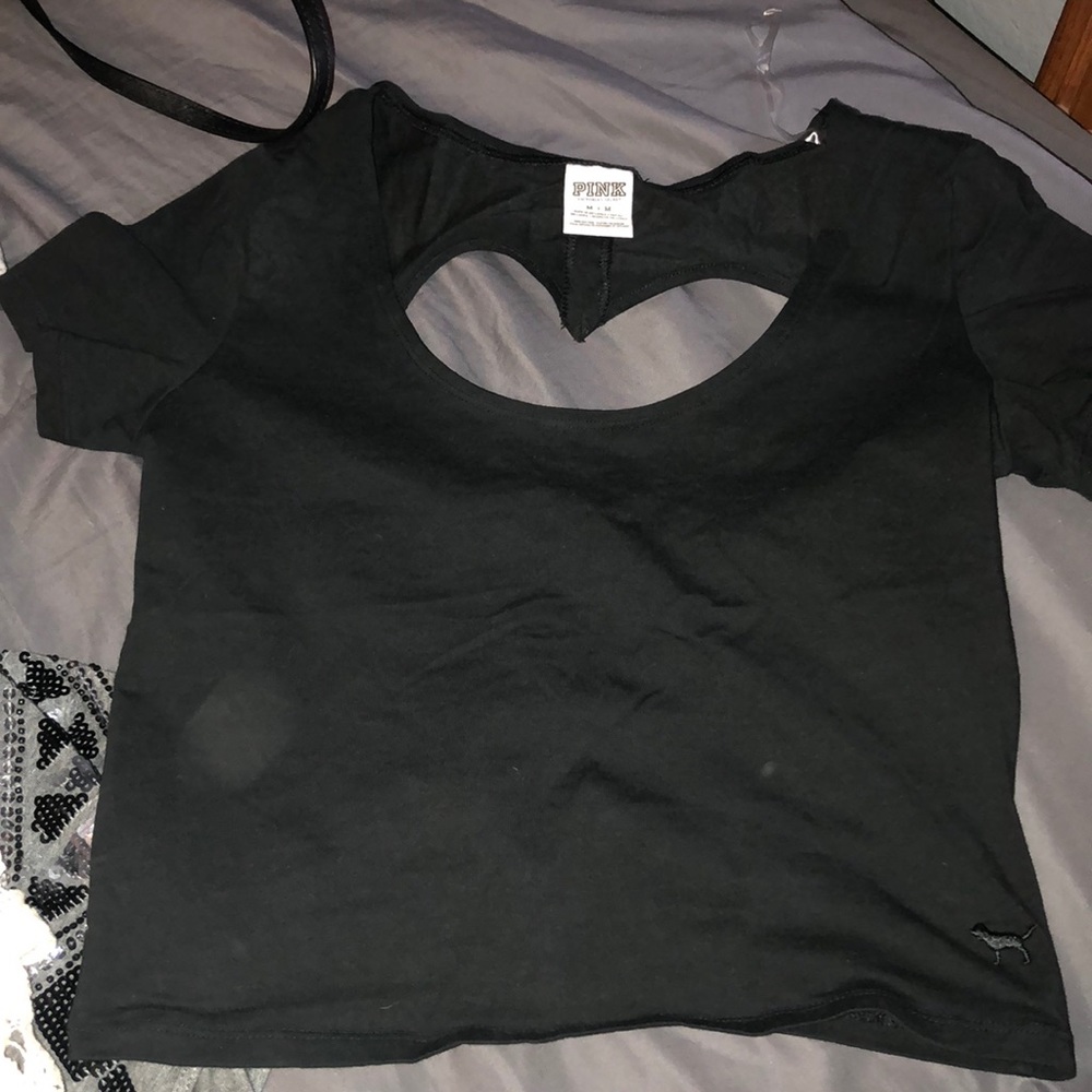 PINK black crop top with heart cut out. Medium